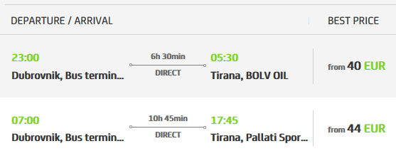 Bus Dubrovnik to Tirana getting to Albania